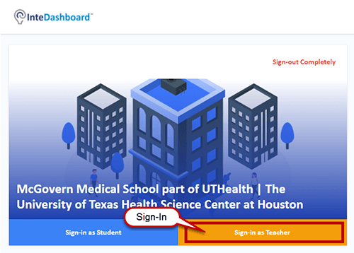 Sign-in screen for InteDashboard highlighting the teacher role.