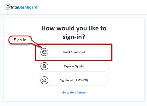 Sign-in screen for InteDashboard highlighting the email/password choice..