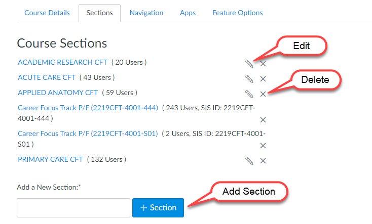 Location of cross-listed courses and the edit, delete and add section buttons.