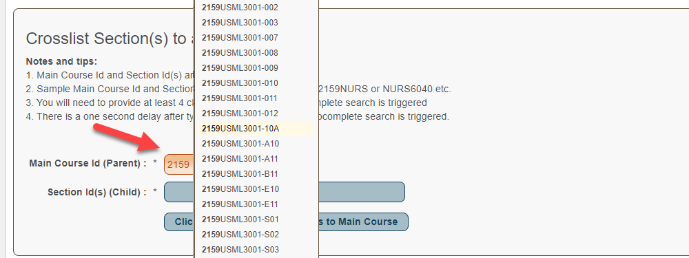 Pop-up list of courses to select from for the Main Course Id when Crosslisting Sections.