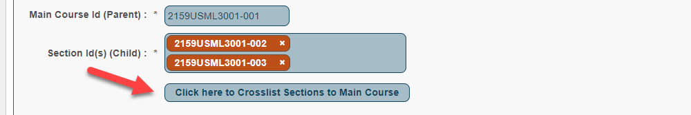 Location of the button to complete the crosslisting of sections to the main course.