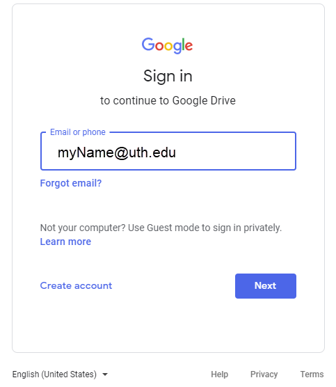 Sign in screen for Google Drive