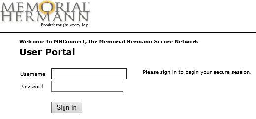 Example of Memorial Hermann user portal login screen.