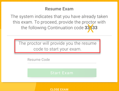Example of Examplify Resume Exam popup message.