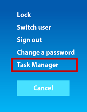 Task Manager highlighted on Windows menu that opens after pressing ctrl+alt+delete.