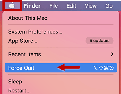 Example of Apple menu with Force Quit highlighted.