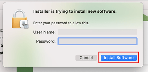 Mac popup window requesting password to allow software installation.