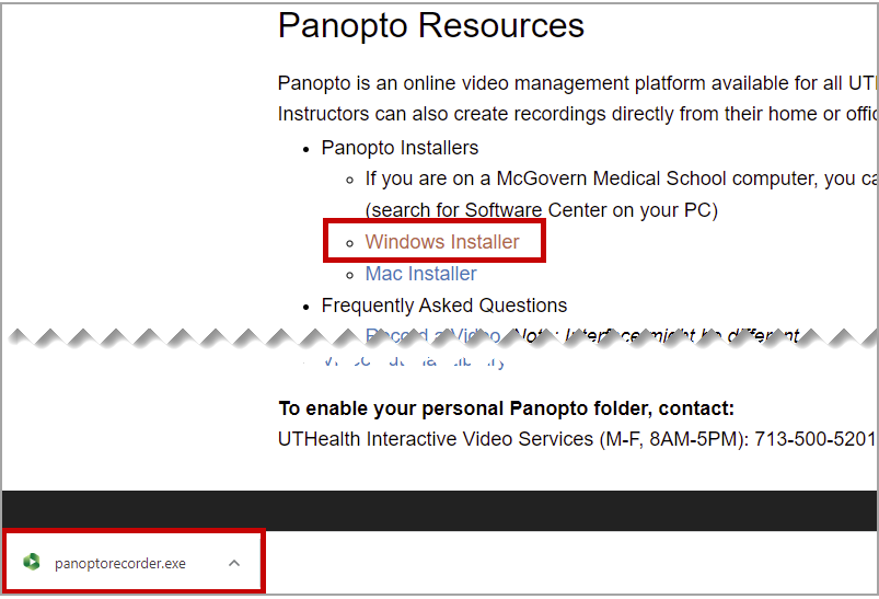 Panopto Resources page with Window installer link location highlighted.
