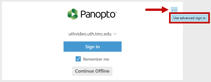 Panopto sign in screen with Sign in with Use advanced sign in choice highlighted.
