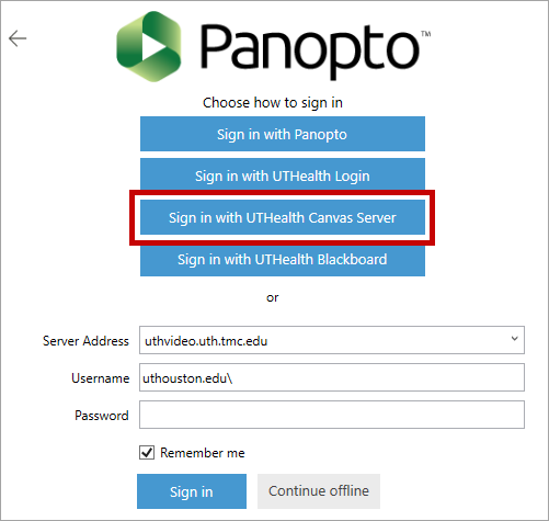 Panopto sign in screen with Sign in with UTHealth Canvas Server highlighted.