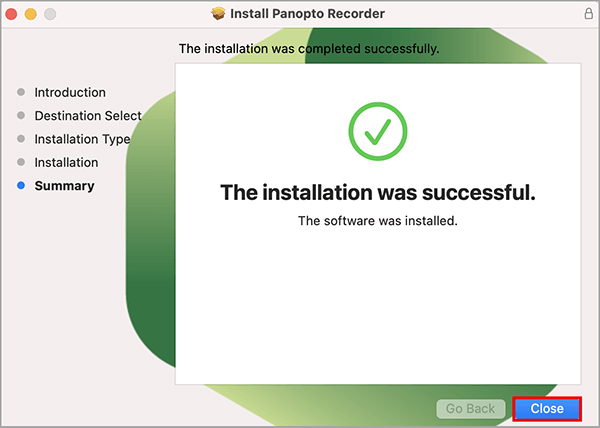 Mac installation successful popup window for Panopto.