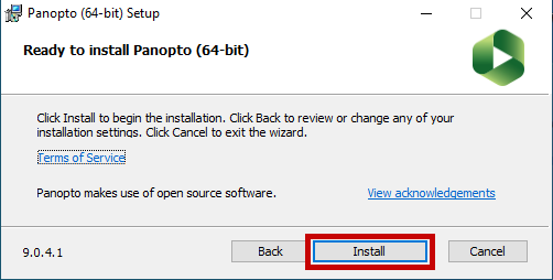 Panopto installer popup window with install button highlighted.