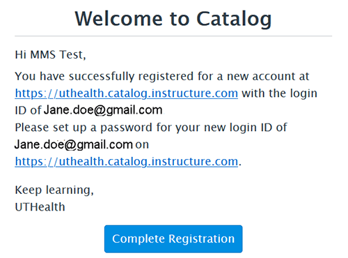 Example of a Canvas Catalog welcome email with new account information.