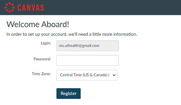 Example of a Canvas Catalog Welcome Aboard page and account setup.