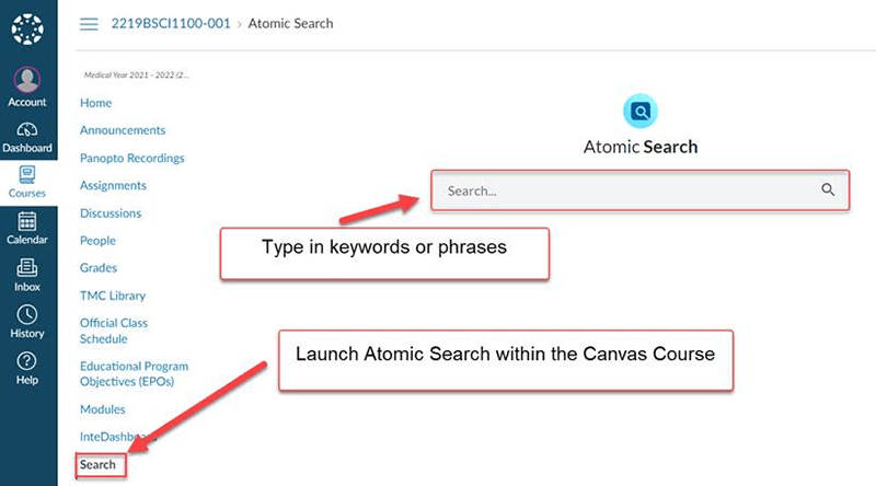 Shows location of the atomic search button and the search entry box on a Canvas page.