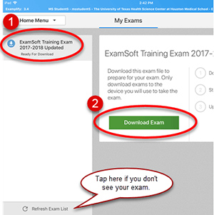 Examplify dashboard highlighting the exam list and Download Exam button.
