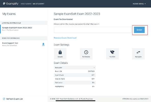 Examplify dashboard highlighting the Enter button to download and exam after entering the password.