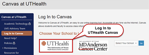 the Canvas log in screen with UTHealth selection highlighted.