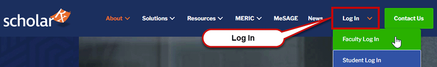 Log in screen for ScholarRx with the faculty log in button located at the top right corner highlighted.