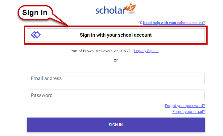ScholarRx sign in screen with Sign in with your school account in button highlighted.