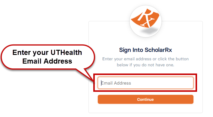 ScholarRx sign in page highlighting the email text entry box.