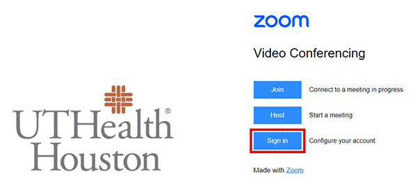 Zoom login screen with Sign in button highlighted.