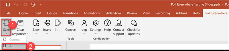Poll Everywhere PowerPoint ribbon highlighting the Sync button.