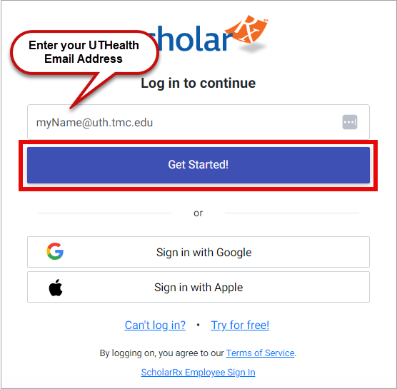 ScholarRx log in screen where you enter your email address and click Get Started!