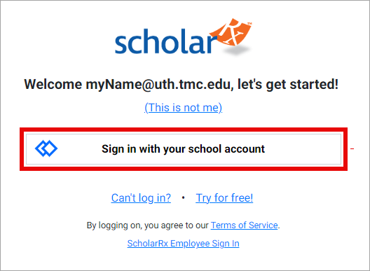 ScholarRx log in screen where you select sign in with your school account.