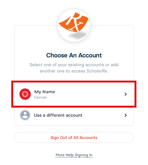 ScholarRx log in screen where you choose an account.