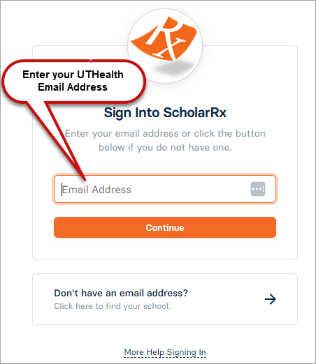 ScholarRx sign in screen where you enter your email address and click continue.