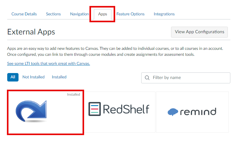 External Apps page in Canvas.