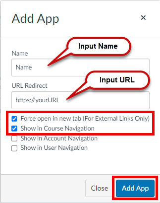 Add App popup shows where to add the name and URL.