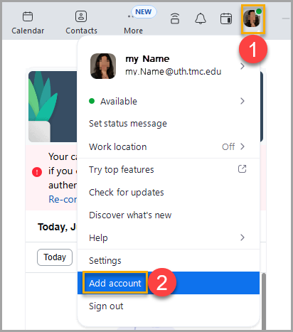 Zoom profile drop down menu with Add account highlighted.