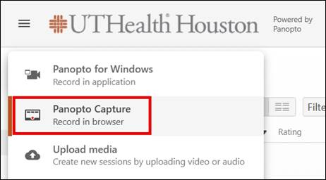 Panopto Create drop down menu with Panopto Capture option highlighted.