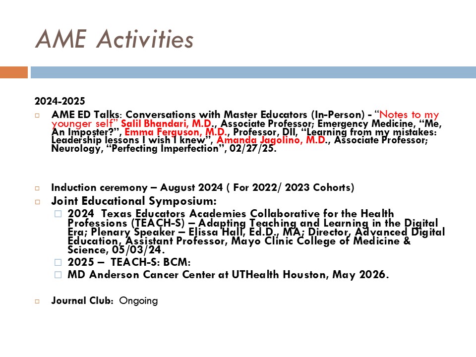 Academy of Master Educators open house slide.