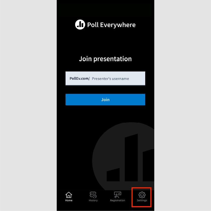 Poll Everywhere app home screen with the Settings icon highlighted.