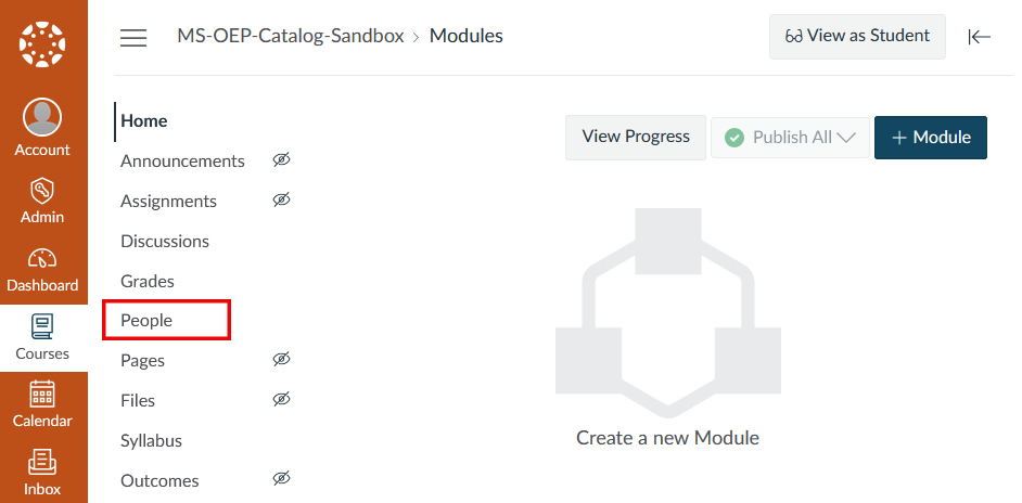 Canvas course homepage with the left navigation menu displayed. The People link is highlighted to show where users access the course roster.