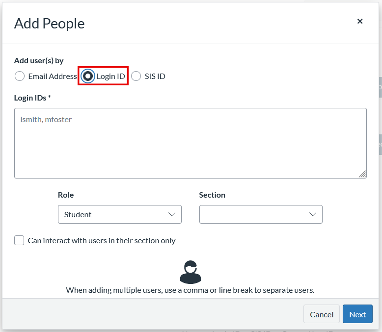 Add Users window with the Login ID option selected and highlighted.