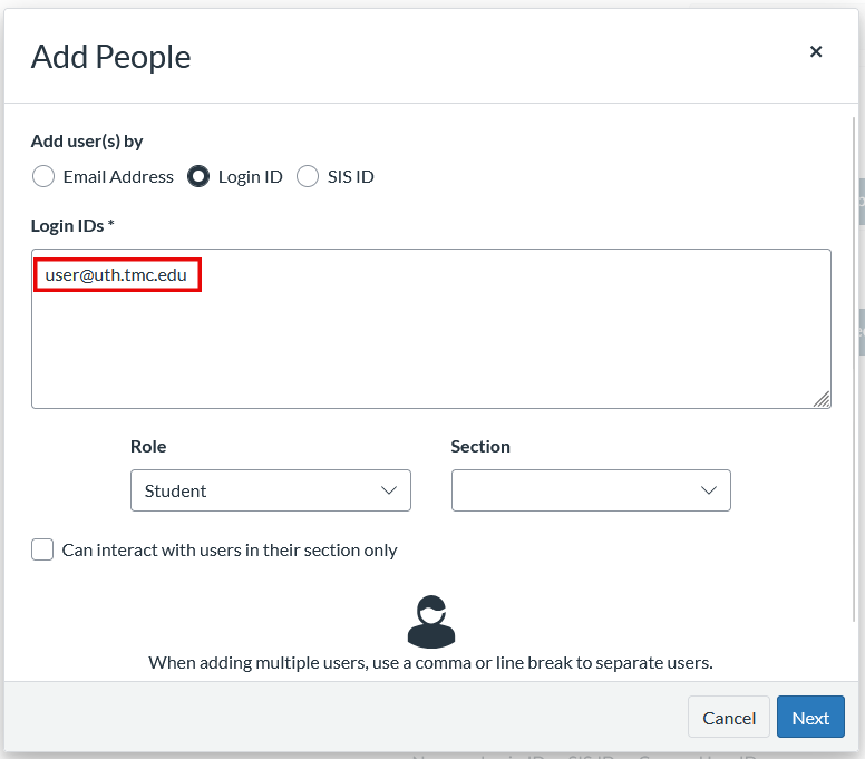 Add Users window showing an email address entered in the Login IDs field.
