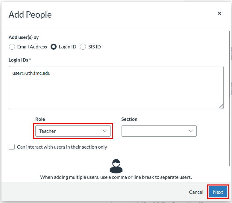 Add Users window with a role selected from the Role menu and the Next button highlighted.