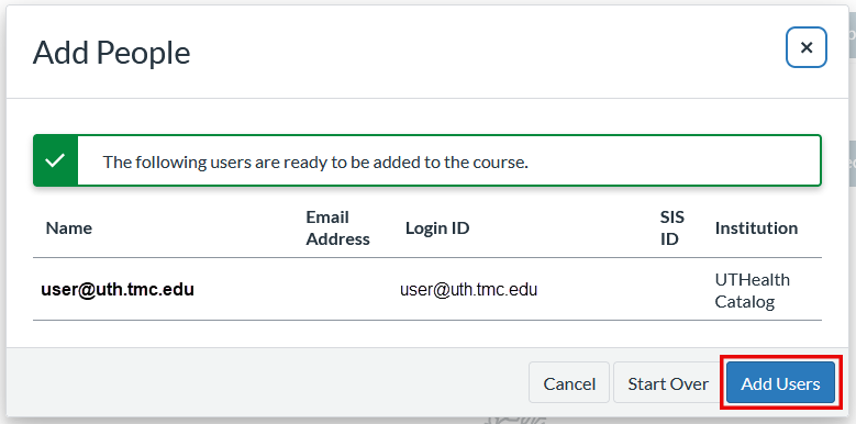User review screen displaying the entered account information with the Add Users button highlighted.
