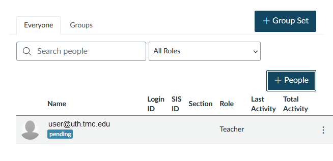 People page showing a newly added user with a Pending status indicating the course invitation has not yet been accepted.