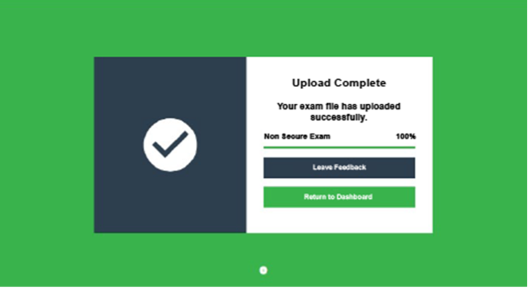 Examplify confirmation screen showing a checkmark icon and message ‘Upload Complete. Your exam file has uploaded successfully.’ A progress indicator shows 100%, with buttons for Leave Feedback and Return to Dashboard.