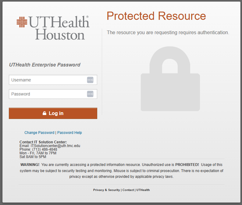 UTHealth Enterprise sign-in page with username and password fields.