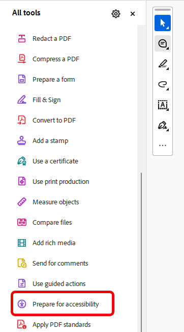 Adobe Acrobat Pro Accessibility Check panel showing accessibility check results for a PDF.