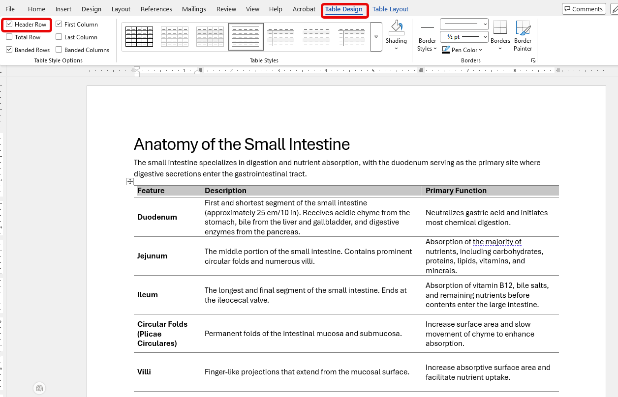 Word table selected with the Table Design tab showing the Header Row option enabled.