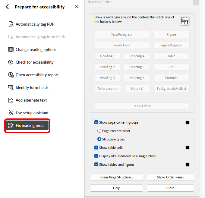 Adobe Acrobat Pro Tags panel showing a PDF's headings, paragraphs, and other content organized in a tag structure.