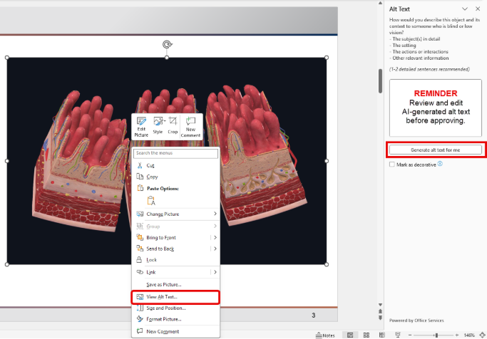 PowerPoint showing the View Alt Text option and the Alt Text pane where an image description can be entered.