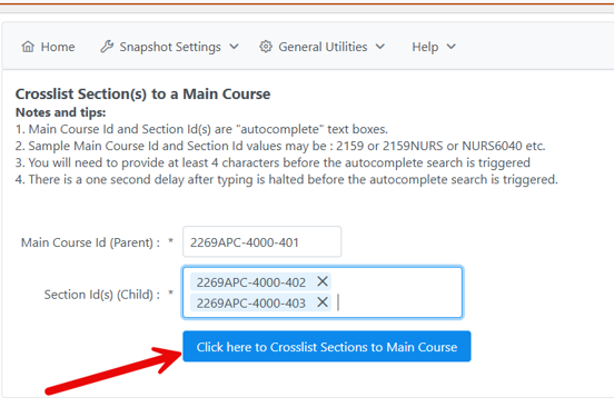 Location of the button to complete the crosslisting of sections to the main course.